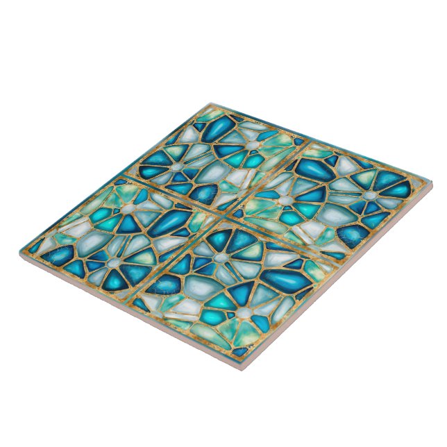 Azulejo De Cerâmica Células de aquarela e douradas - oceano - quadrado (Lateral)