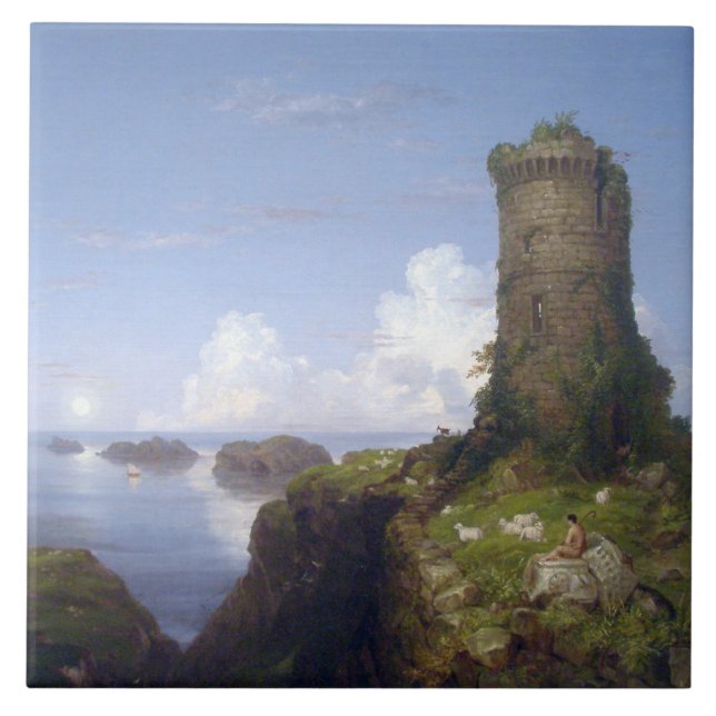 Azulejo De Cerâmica Cena Costeira Italiana com Torre Arruinada (Frente)