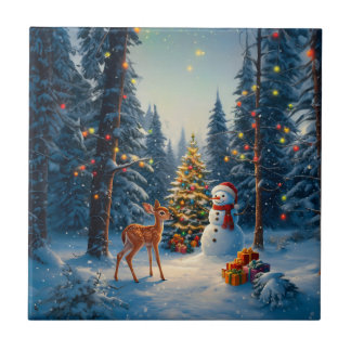 Azulejo De Cerâmica Cena da Árvore de Natal Fofo Deer Fawn Snowman