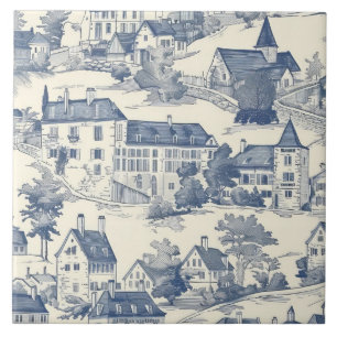 Azulejo De Cerâmica Cena da Vila Elegante de Toile Azul de Jouy