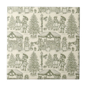 Azulejo De Cerâmica Cena de Aldeia de Natal Vintage Toile Verde