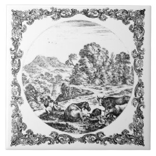 Azulejo De Cerâmica Cena de Animais da Fazenda Delft Vintage Preto e B