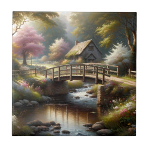 Azulejo De Cerâmica Cena de Cabana de Ponte da Primavera Cottagecore