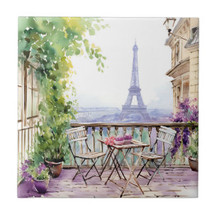 Azulejo De Cerâmica Cena de Café da Torre Eiffel em Aquarela em Paris