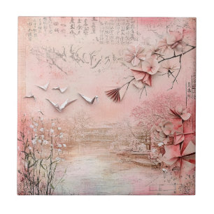Azulejo De Cerâmica Cena de Flor de Cerejeira Rosa Serenidade Paisagem