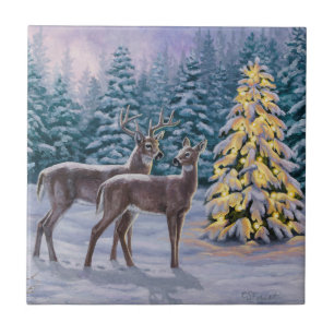 Azulejo De Cerâmica Cena de inverno de cervo e árvore de Natal