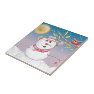 Azulejo De Cerâmica Cena de inverno do Cowboy Snowman & Owl