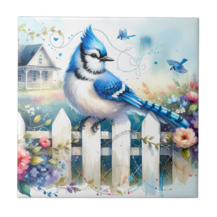 Azulejo De Cerâmica Cena de Jardim de Cottage com Cerca Azul Jay