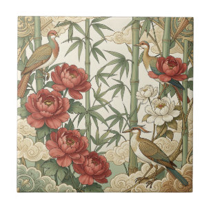 Azulejo De Cerâmica Cena de Jardim Oriental de Peônia Pássaros Bambu