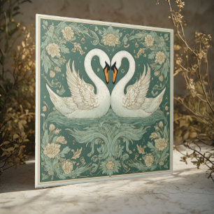 Azulejo De Cerâmica Cena de Lago Decorativa com Casal de Cisnes em Art