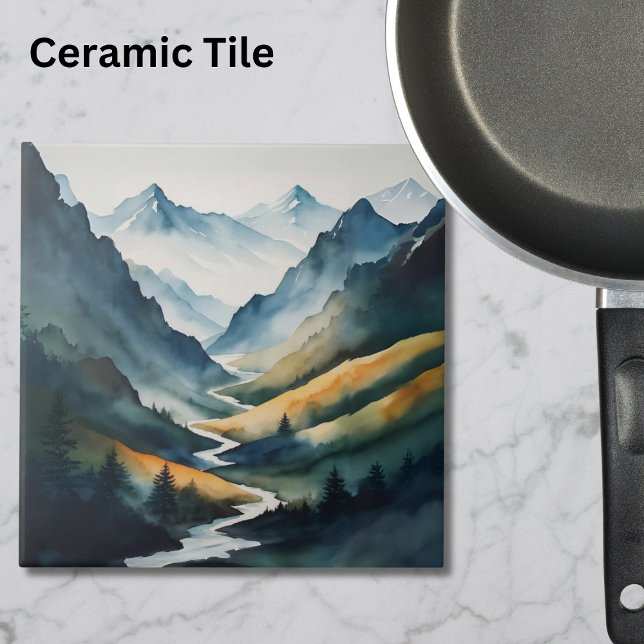 Azulejo De Cerâmica Cena de Montanha Blue Tan (Criador carregado)