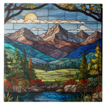 Cena de montanha florestal em vitral vintage