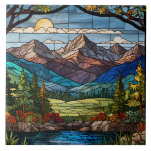 Azulejo De Cerâmica Cena de montanha florestal em vitral vintage