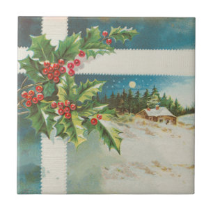 Azulejo De Cerâmica Cena de Natal Holly Snow Winter