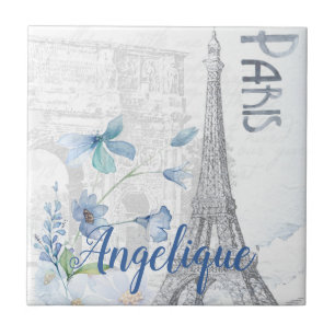 Azulejo De Cerâmica Cena de Paris e Flores Azuis Personalizados