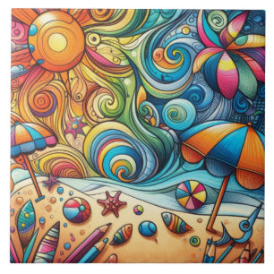AZULEJO DE CERÂMICA CENA DE PRAIA COM REDEMOINHOS COLORIDOS DIVERTIDOS