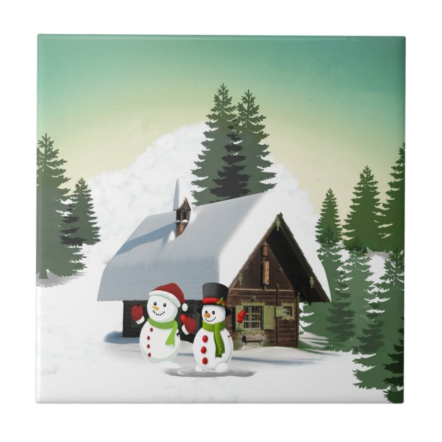 Azulejo De Cerâmica Cena de Snowman de Natal (Frente)