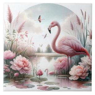 Azulejo De Cerâmica Cena Floral de Flamingo em Lagoa Pastel