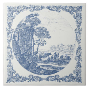 Azulejo De Cerâmica Cena Idílica da Vida Rural em Delft Azul Vintage