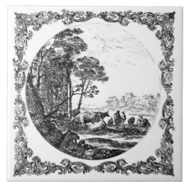 Azulejo De Cerâmica Cena Idílica no Campo Delft Vintage Preto e Branco
