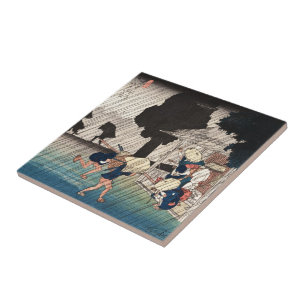 Azulejo De Cerâmica Cena japonesa legal do dia chuvoso do ukiyo-e do