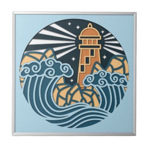 Azulejo De Cerâmica Cena Noturna do Farol Náutico Oceano