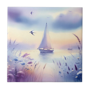 Azulejo De Cerâmica Cena Pastel de Barco à Vela à Beira-Mar