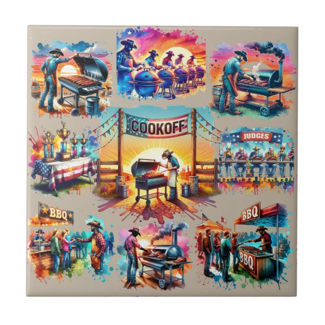 Azulejo De Cerâmica Cenas de Cookoff de CHURRASCO de Cowboy Ocidental  (Frente)