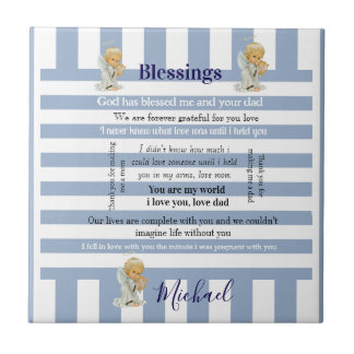 Azulejo De Cerâmica Ceramic Tile Blue & White Stripe Blessings Child
