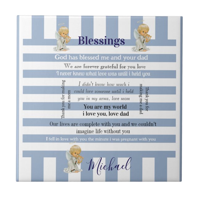 Azulejo De Cerâmica Ceramic Tile Blue & White Stripe Blessings Child (Frente)