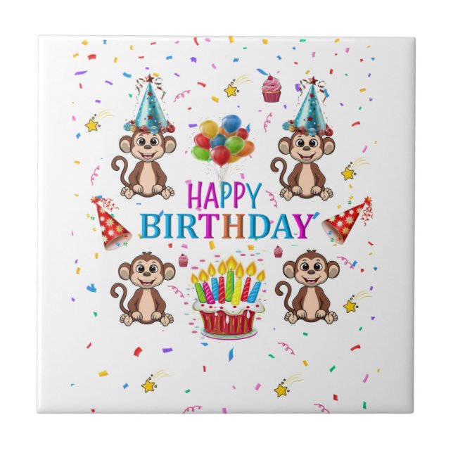 Azulejo De Cerâmica Ceramic Tile Happy Birthday Monkey Cupcake (Frente)