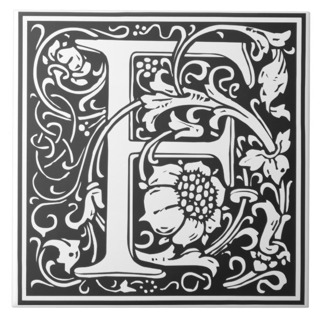 Azulejo De Cerâmica Ceramic Tile - Monogram Alphabet F black White (Frente)