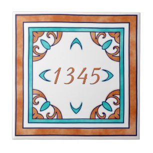 Azulejo De Cerâmica Cerceta e número da casa pequeno alaranjado