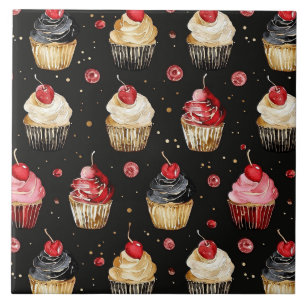 Azulejo De Cerâmica Cereja de Cupcakes Rosa Preto Dourado Vermelho