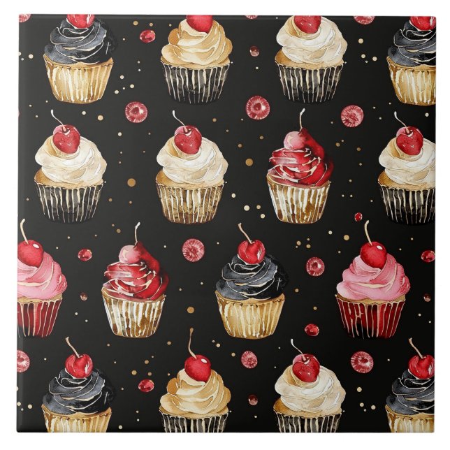 Azulejo De Cerâmica Cereja de Cupcakes Rosa Preto Dourado Vermelho (Frente)