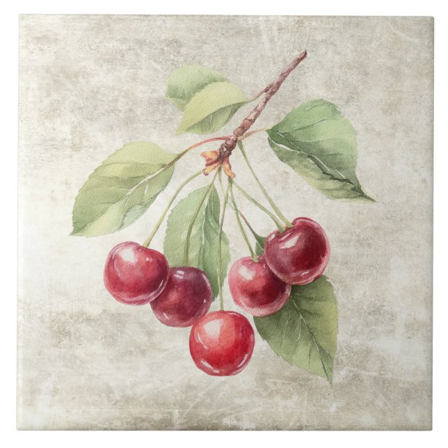 Azulejo De Cerâmica Cerejas Aquarela Rústica (Frente)