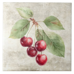 Azulejo De Cerâmica Cerejas Rústicas Frutas Aquarela