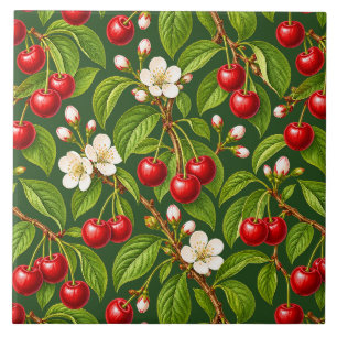 Azulejo De Cerâmica Cerejas Vermelhas Botânicas e Flores Brancas