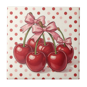 Azulejo De Cerâmica Cerejas Vermelhas Doces Laços Rosa Pontos Polka Re