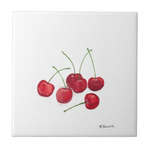 Azulejo De Cerâmica Cerejas vermelhas fruta aquarela foodie vegana com