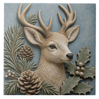 Azulejo De Cerâmica Cervo de Floresta de Inverno com Azevinho e Pinhas
