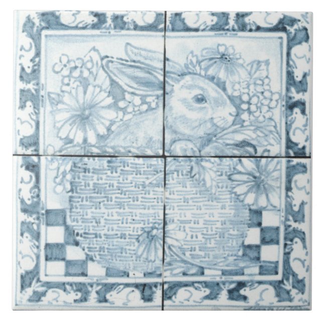 Azulejo De Cerâmica Cesta de coelho fino azul e branco (Frente)
