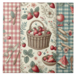 Azulejo De Cerâmica Cesta de Frutas Gingham Diversão