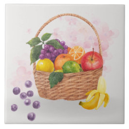 Azulejo De Cerâmica Cesta de Frutas Vibrantes Arte em Aquarela