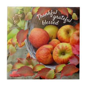 Azulejo De Cerâmica Cesta de Maçã Colorida e Folhas de Queda.