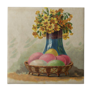 Azulejo De Cerâmica Cesta de Páscoa Ovos Flores Antigo
