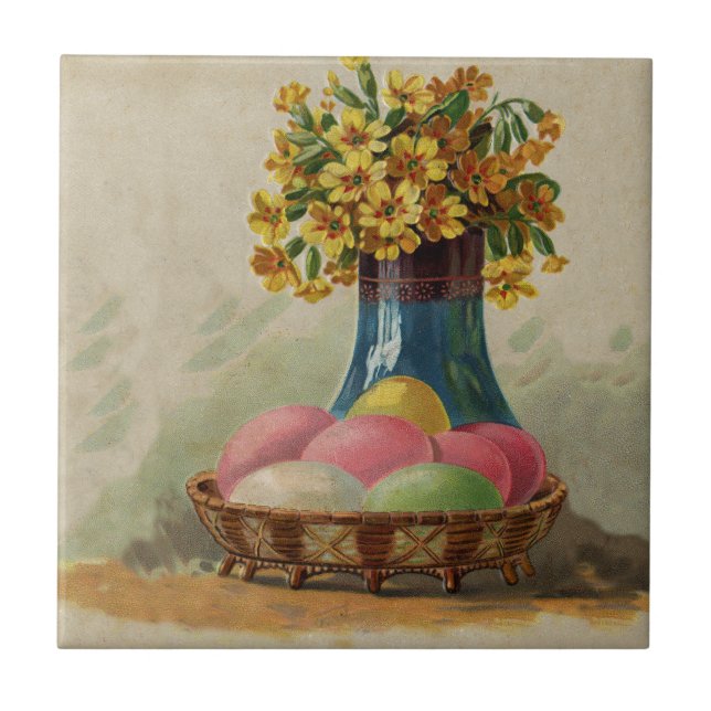 Azulejo De Cerâmica Cesta de Páscoa Ovos Flores Antigo (Frente)