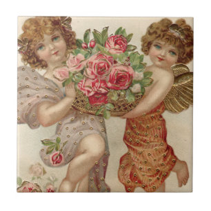 Azulejo De Cerâmica Cesto de Anjo Querubim Cupido Rosas Rosa