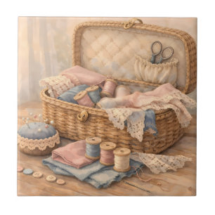 Azulejo De Cerâmica Cesto de Costura Vintage Pastel Cottagecore