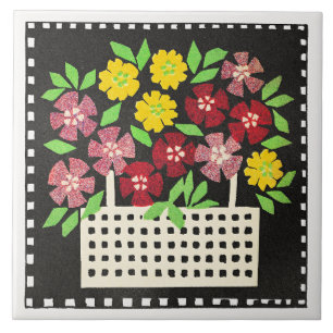 Azulejo De Cerâmica Cesto de Flores, vermelho e amarelo,